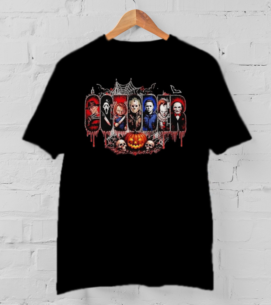 October Slashers Halloween Horror Characters Web Skulls Pumpkin T-Shirt