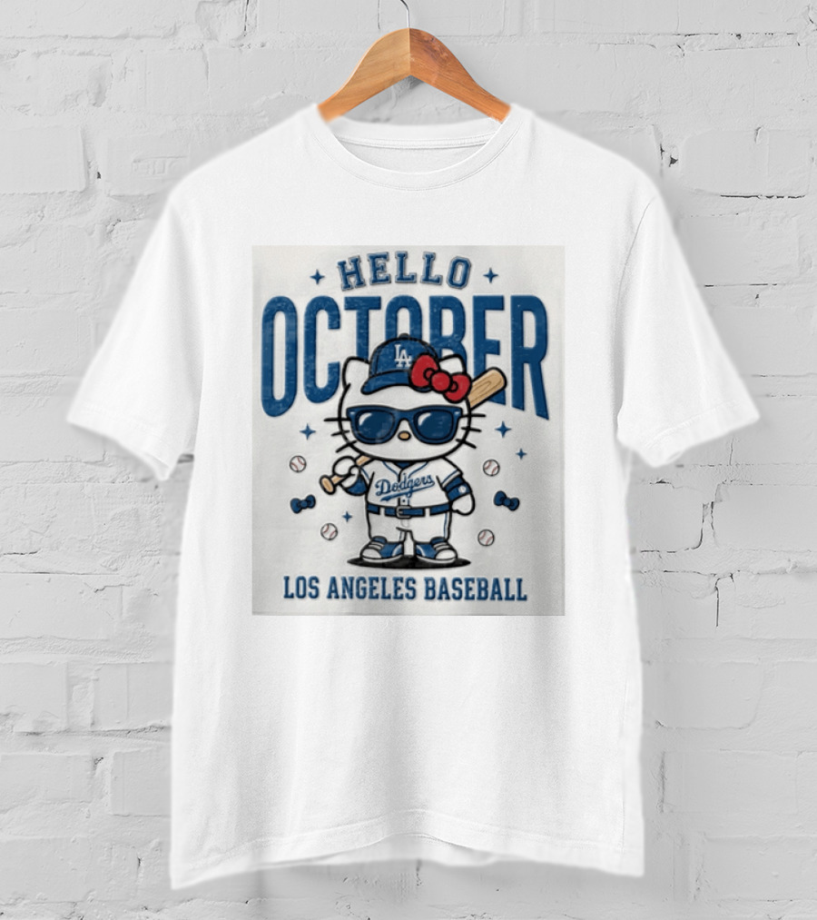 Hello October Los Angeles Dodgers Baseball Kitty Fans Holiday Celebration T-Shirt