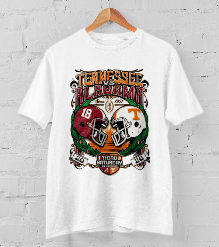 Tennessee Vs Alabama Football Rivalry Third Saturday October 2026 Helmets Since 1901 T-Shirt