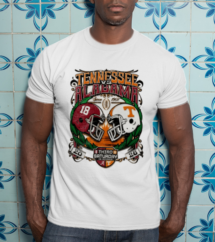Tennessee Vs Alabama Football Rivalry Third Saturday October 2026 Helmets Since 1901 T-Shirt