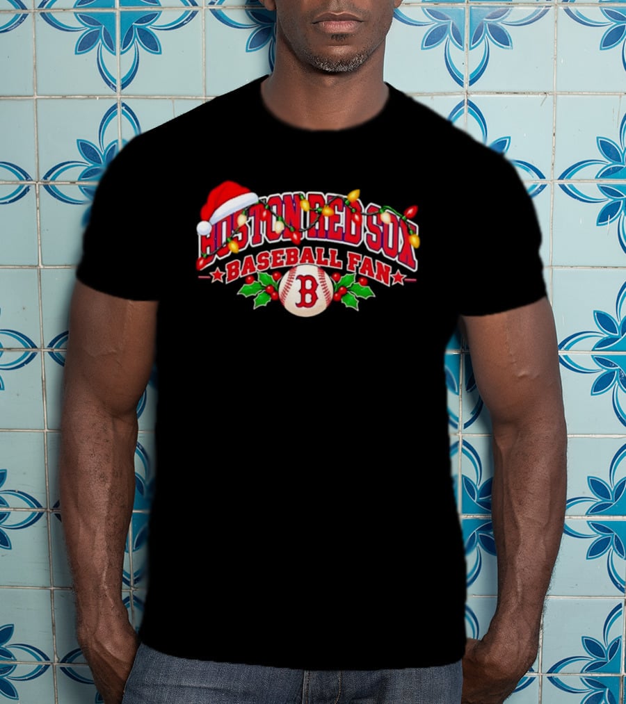Boston Red Sox Baseball Fan Christmas Lights Santa Hat T-Shirt