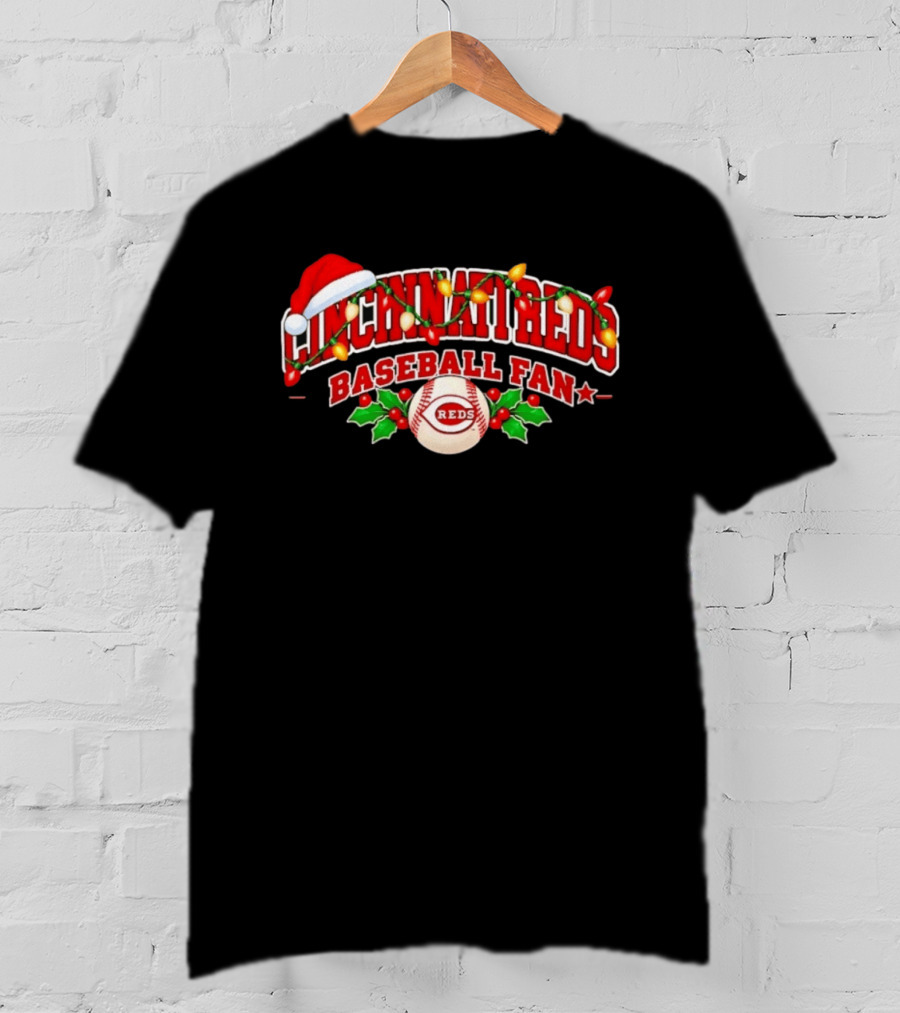 Cincinnati Reds Baseball Fan Christmas Lights Santa Hat T-Shirt