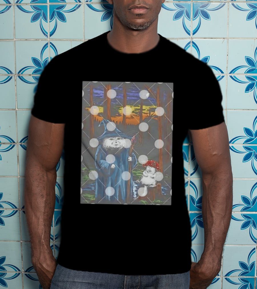 Wizard Cat With Mushroom Friend In Enchanted Forest Sunset T-Shirt