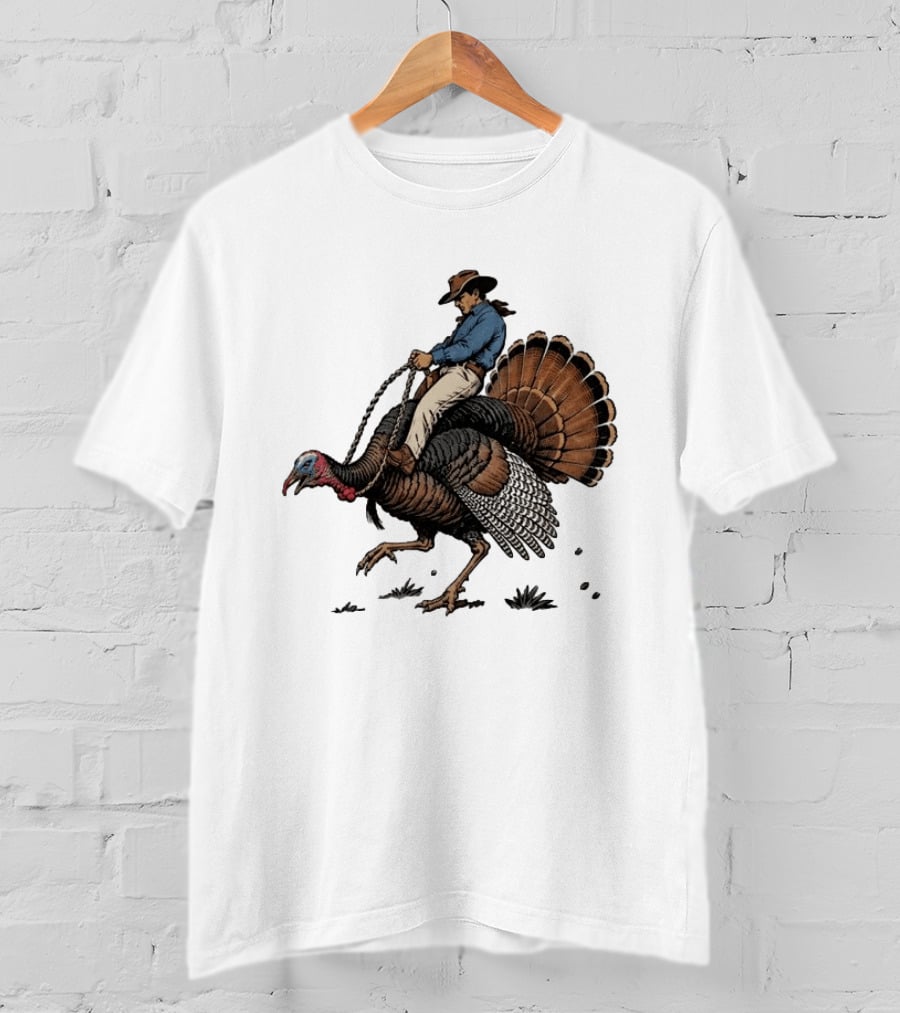 Cowboy Riding Turkey Thanksgiving Humor T-Shirt