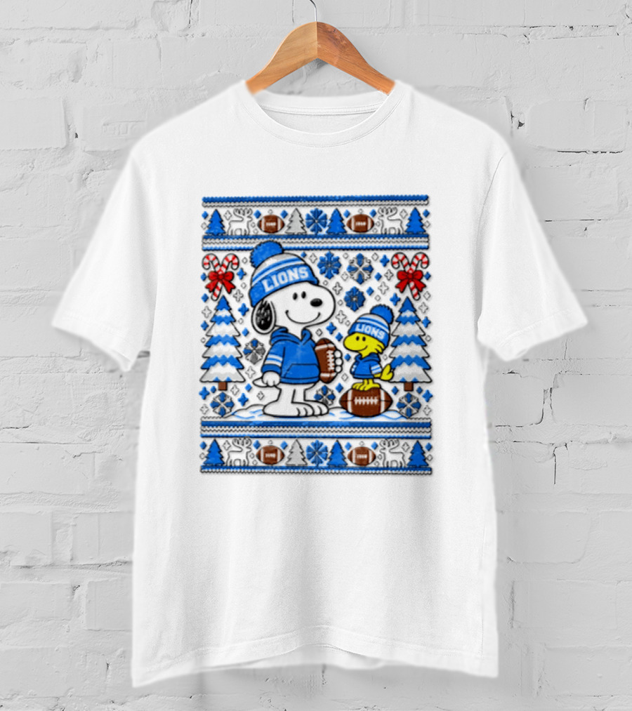 Detroit Lions Snoopy Woodstock Christmas Sweater Peanuts NFL Football Blue Holiday T-Shirt