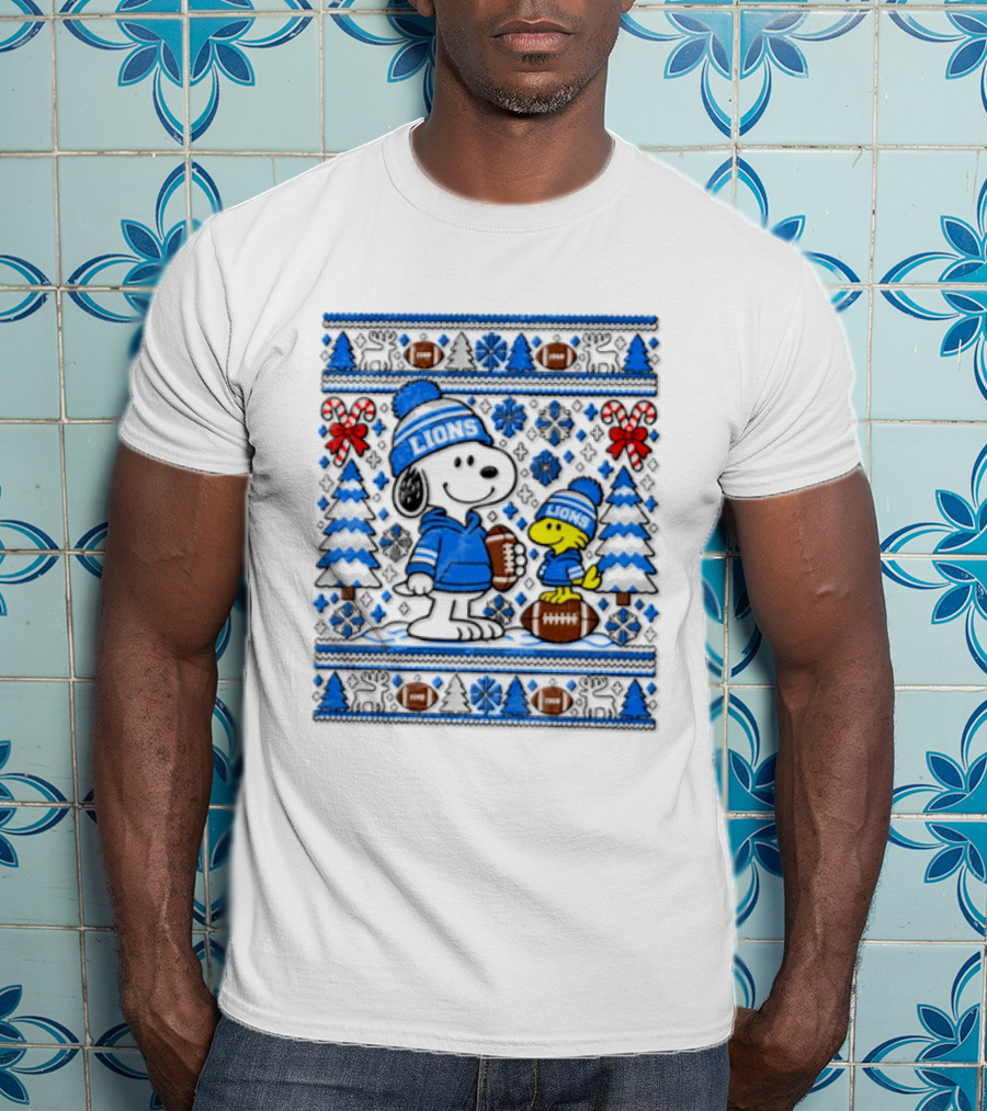 Detroit Lions Snoopy Woodstock Christmas Sweater Peanuts NFL Football Blue Holiday T-Shirt