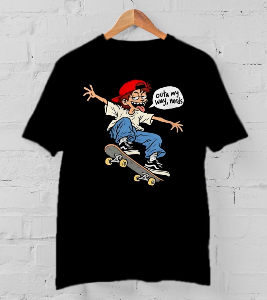 Outa My Way Nerds Skater Cartoon Tongue Out Red Cap Blue Pants White T-Shirt