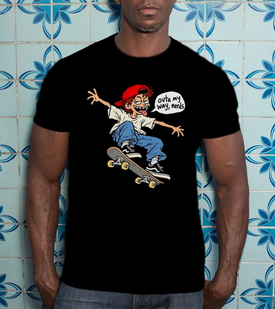 Outa My Way Nerds Skater Cartoon Tongue Out Red Cap Blue Pants White T-Shirt