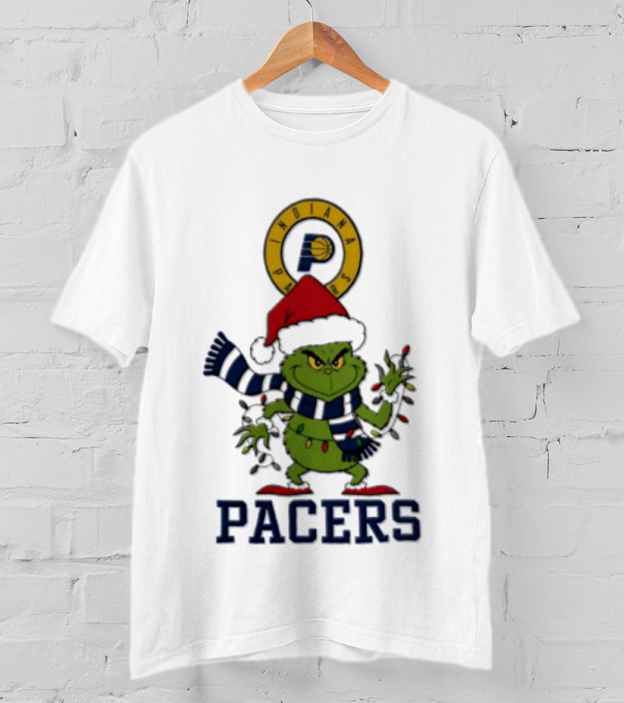 Pacers Christmas Grinch With Santa Hat And Lights T-Shirt