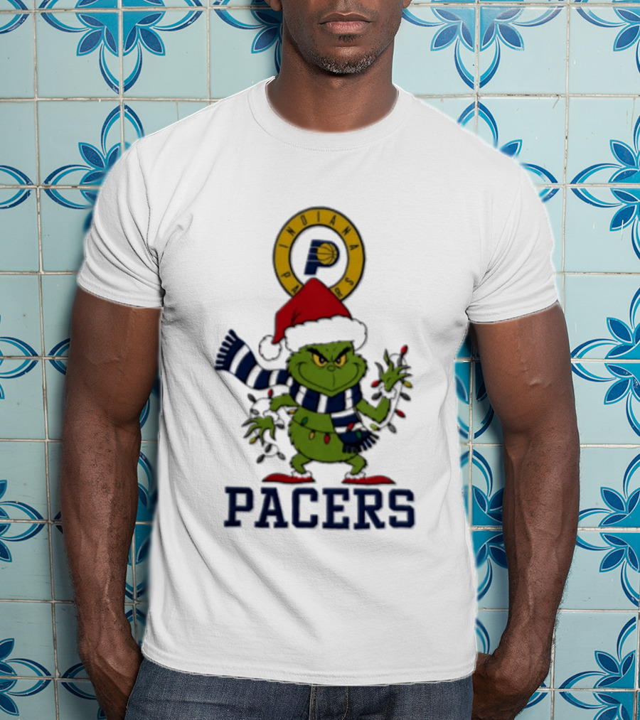 Pacers Christmas Grinch With Santa Hat And Lights T-Shirt