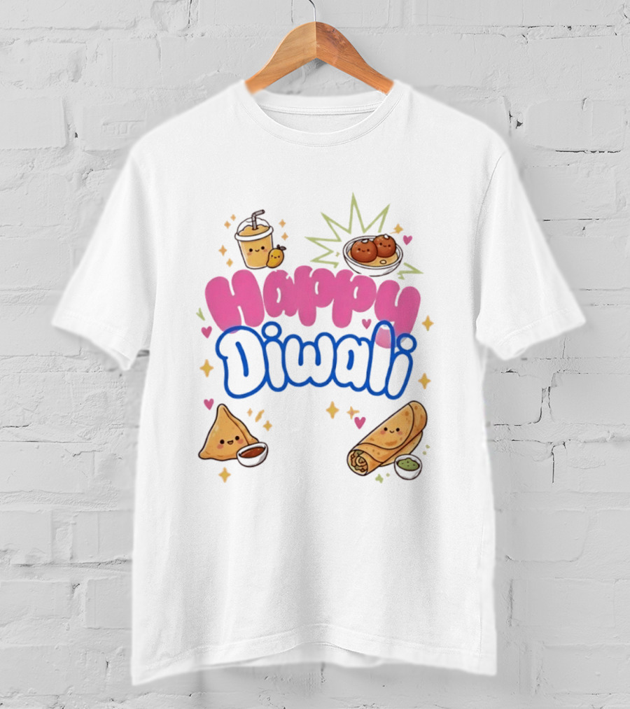 Happy Diwali Kawaii Food Festival Of Lights Celebration With Samosa And Gulab Jamun T-Shirt