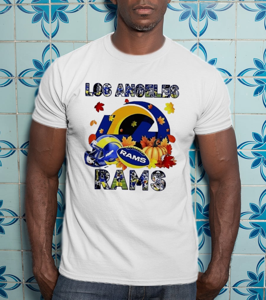 Los Angeles Rams Halloween Fall Football With Leaves And Pumpkin T-Shirt