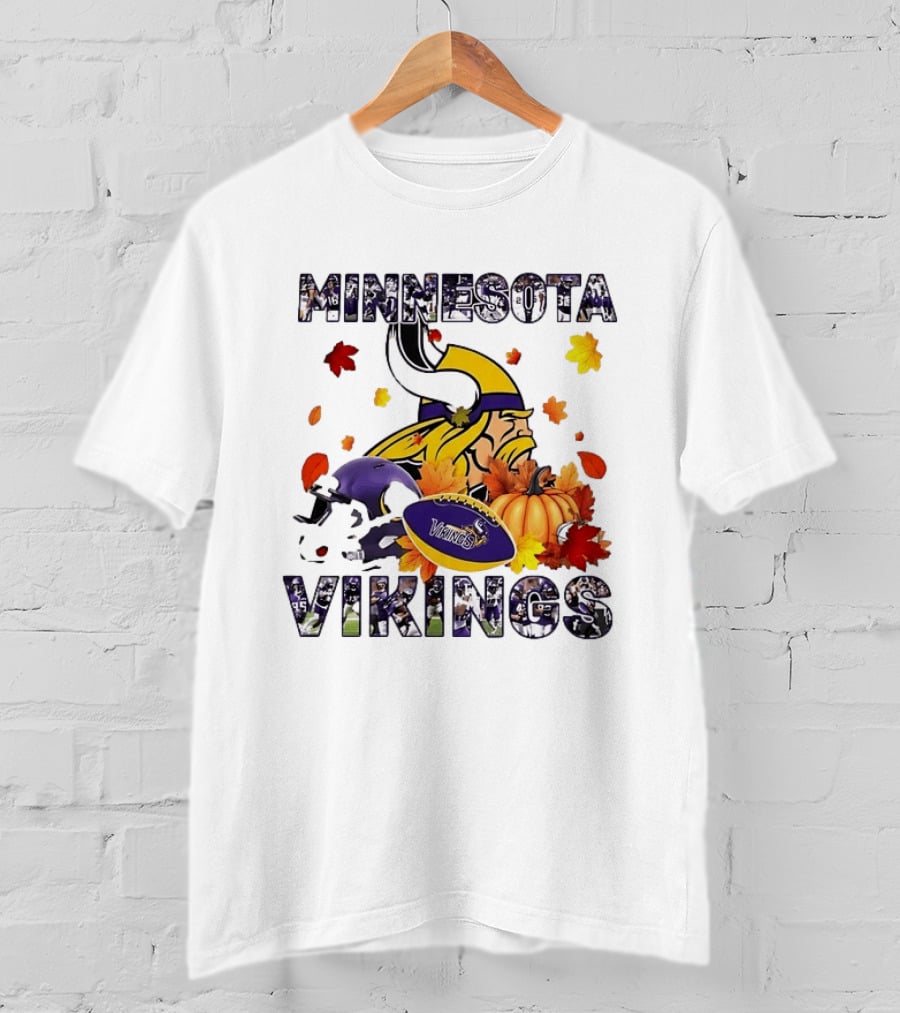 Minnesota Vikings Autumn Football Halloween Leaves Pumpkin T-Shirt