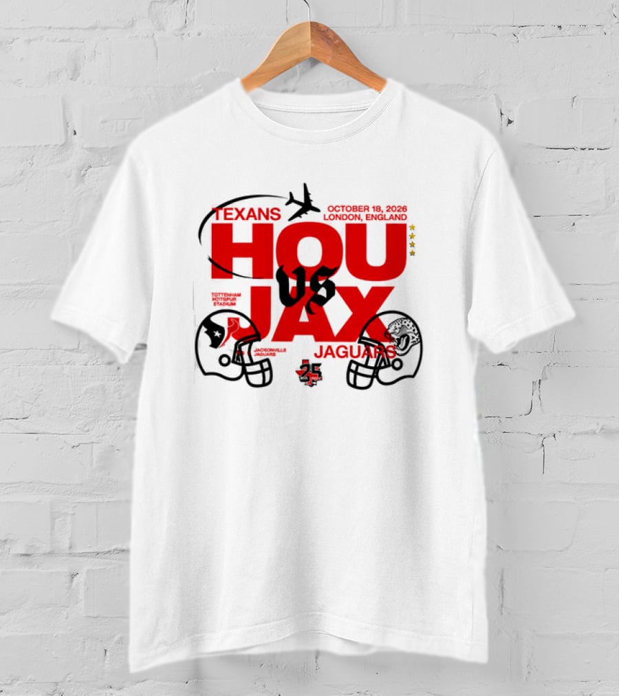 Texans Vs Jaguars London October 2023 NFL Matchup HOU JAX Helmets And Airplane T-Shirt