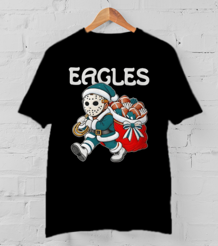 Eagles Christmas Santa With Horror Mask And Football Sack T-Shirt