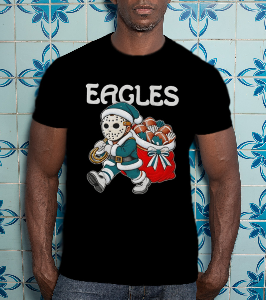Eagles Christmas Santa With Horror Mask And Football Sack T-Shirt