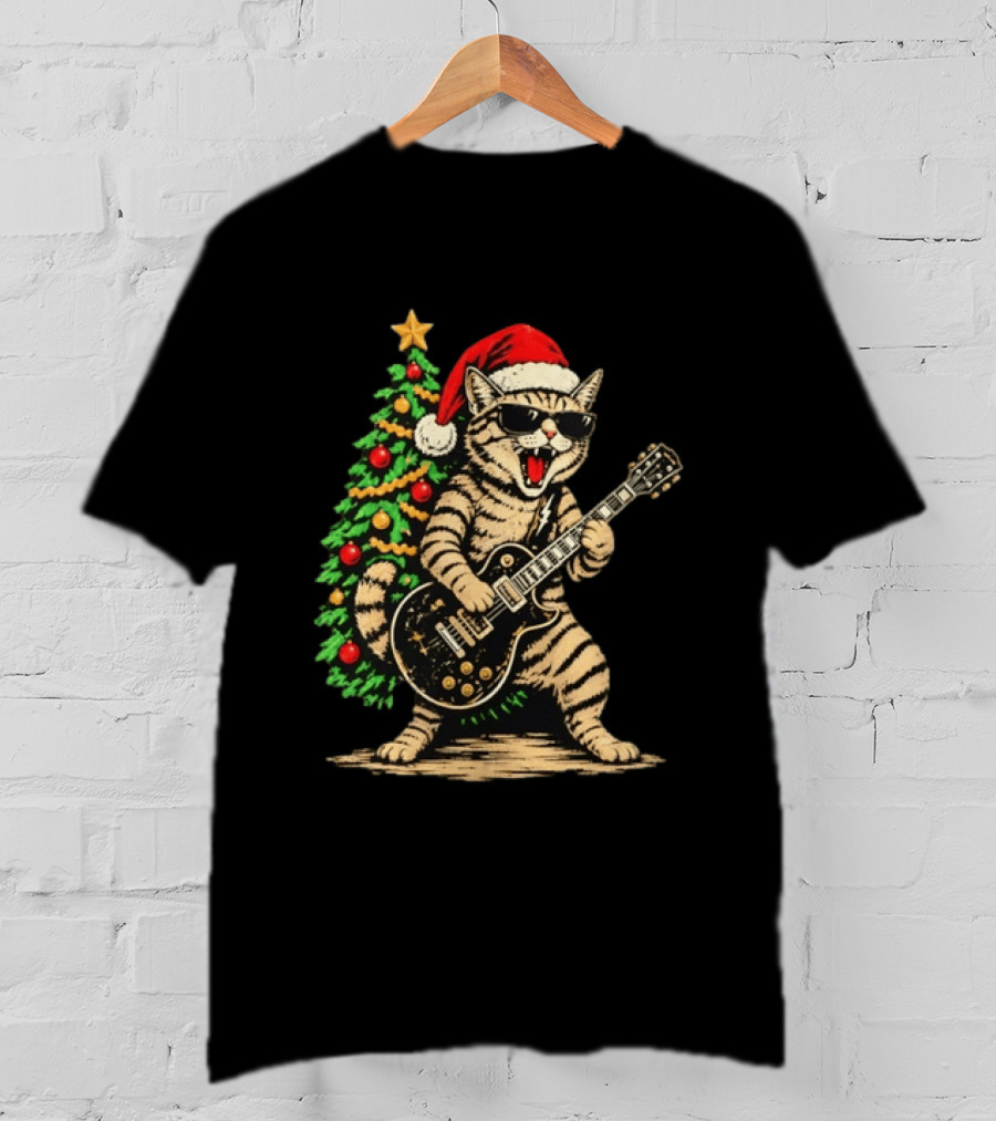 Rocking Cat Wearing Sunglasses Playing Guitar By Christmas Tree Santa Hat T-Shirt