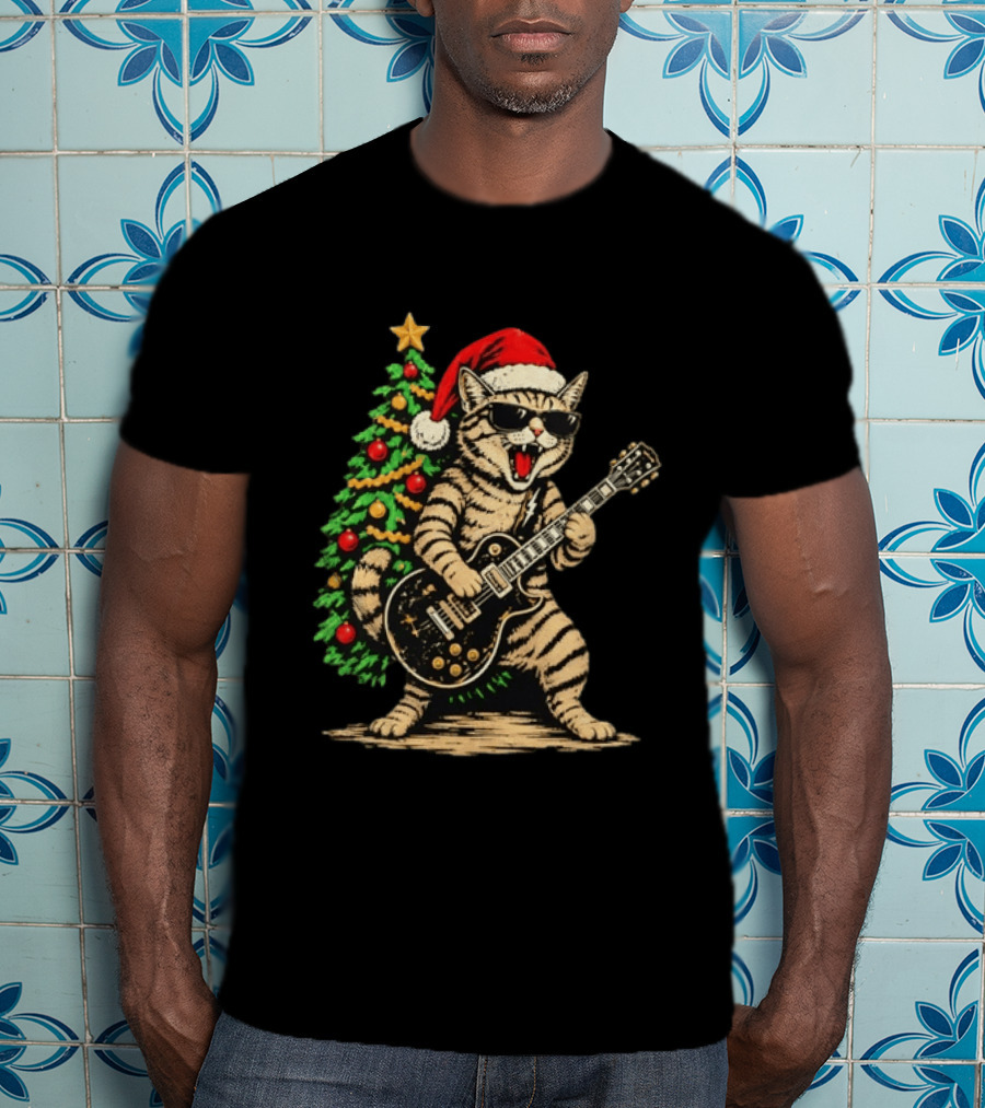 Rocking Cat Wearing Sunglasses Playing Guitar By Christmas Tree Santa Hat T-Shirt