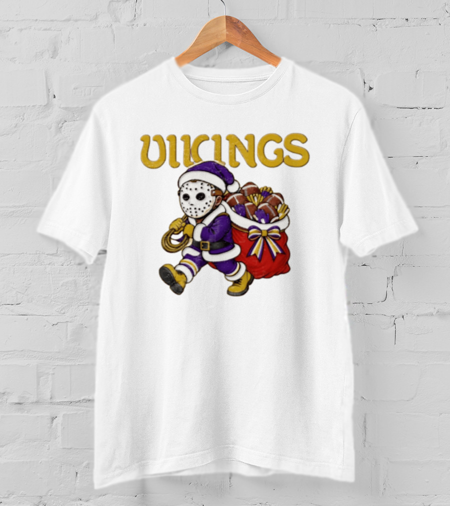 Minnesota Vikings Football Christmas Purple And Gold Santa Carrying Footballs T-Shirt