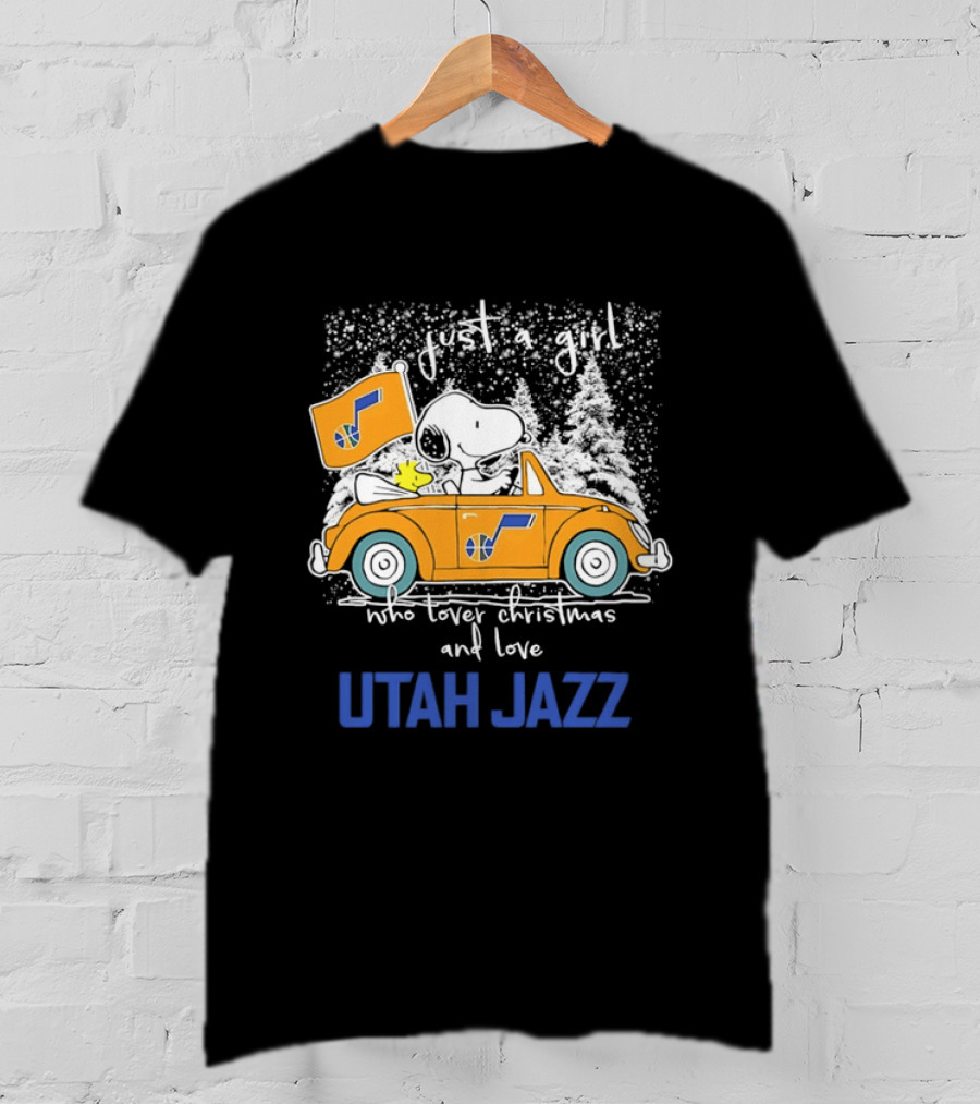 Utah Jazz Fan With Snoopy In Festive Car Celebrating Christmas T-Shirt