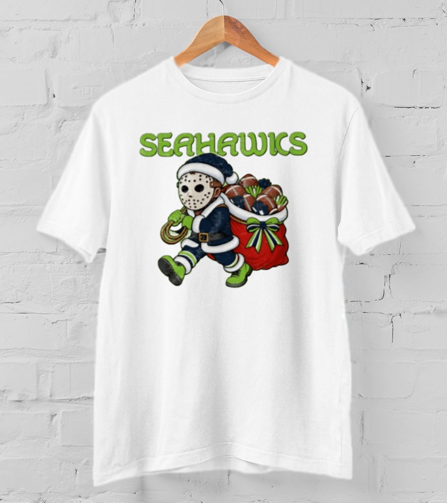 Seahawks Football Christmas Horror Santa Sack Green Blue T-Shirt