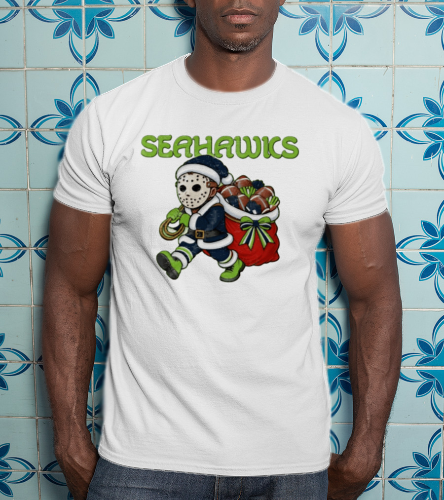 Seahawks Football Christmas Horror Santa Sack Green Blue T-Shirt