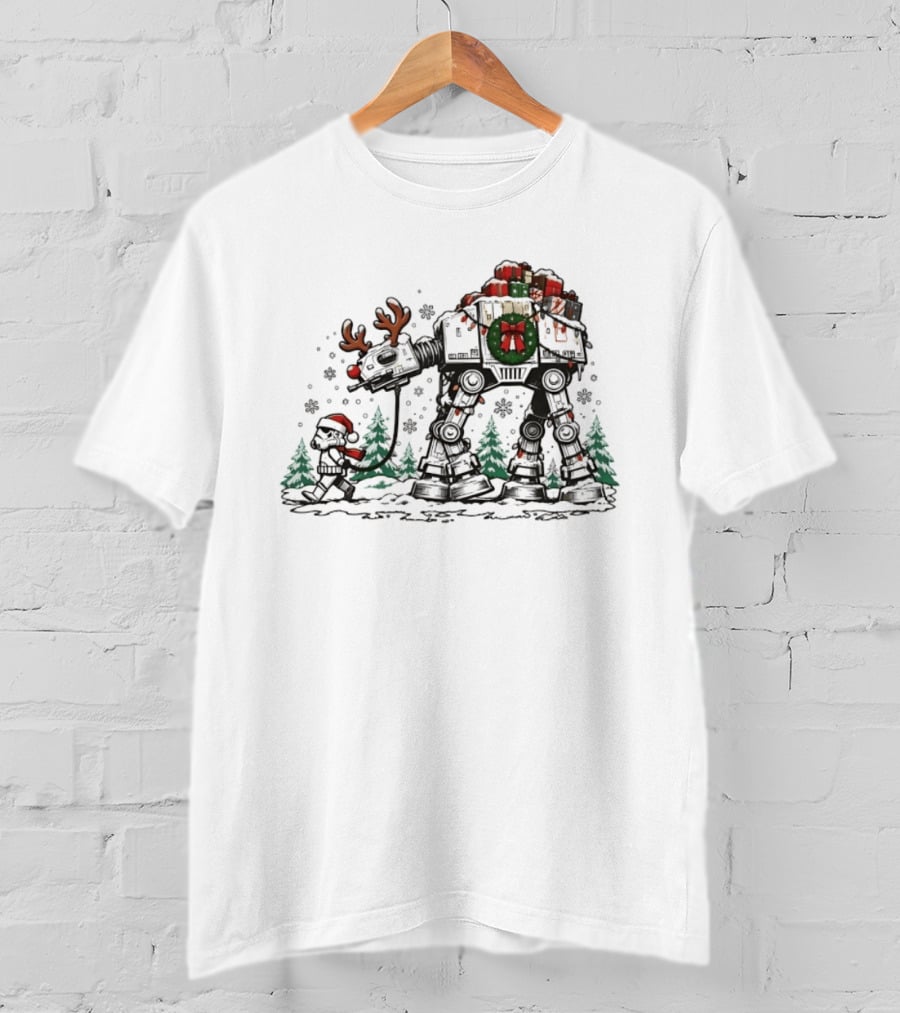 Star Wars Stormtrooper Leading Christmas AT AT Reindeer With Gifts T-Shirt