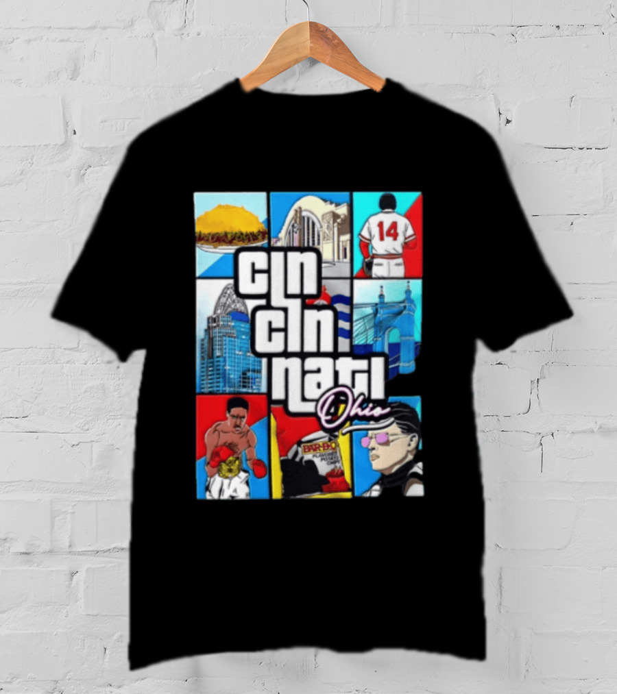 Cincinnati Ohio Landmarks GTA Style Tyler Henderson Alabama NCAA 14 T-Shirt