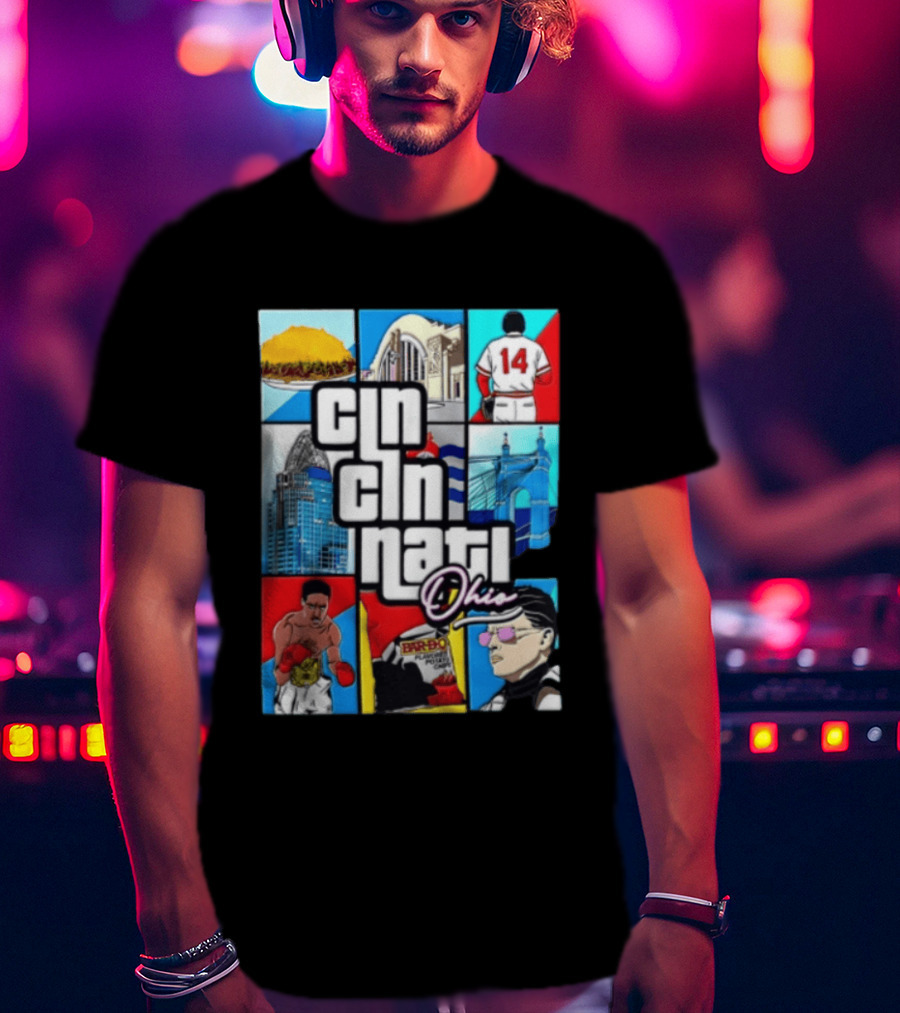 Cincinnati Ohio Landmarks GTA Style Tyler Henderson Alabama NCAA 14 T-Shirt