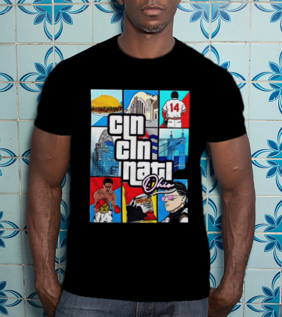 Cincinnati Ohio Landmarks GTA Style Tyler Henderson Alabama NCAA 14 T-Shirt