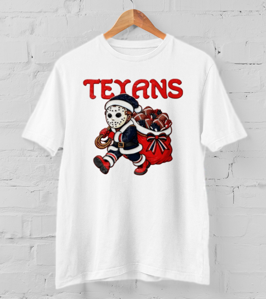 Houston Football Christmas Red And Navy Masked Santa T-Shirt
