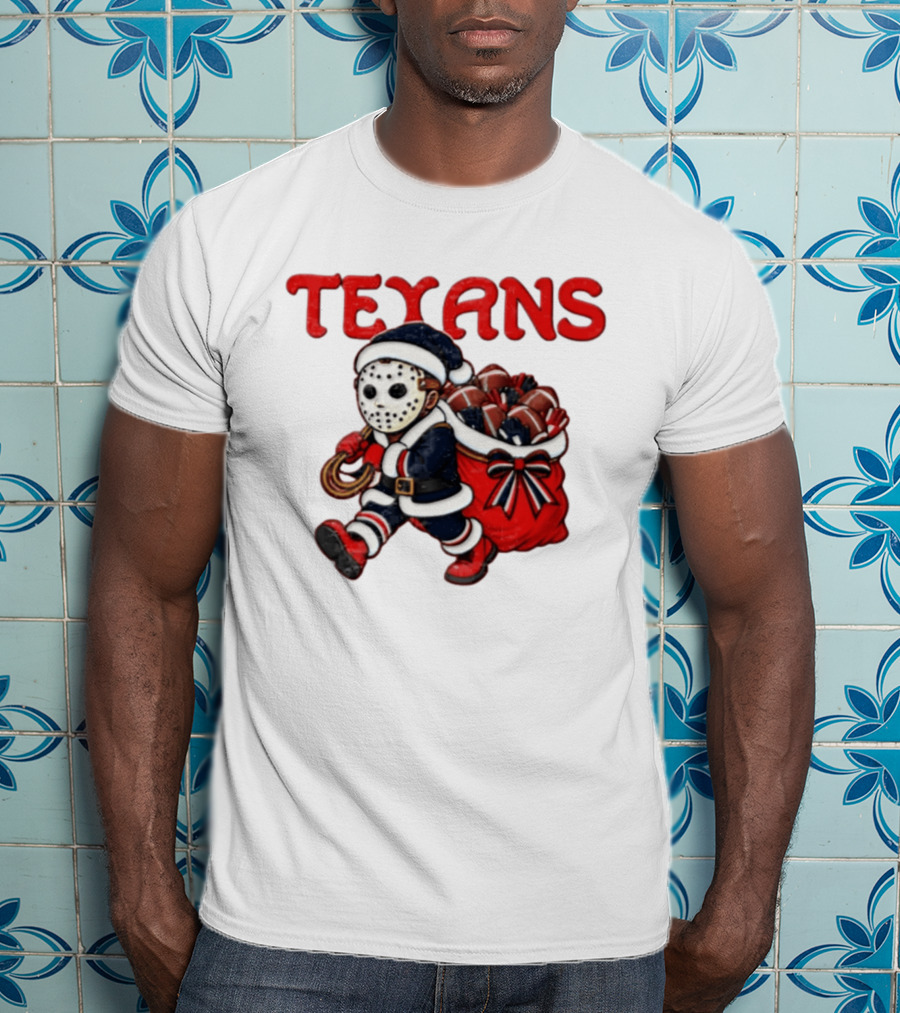 Houston Football Christmas Red And Navy Masked Santa T-Shirt