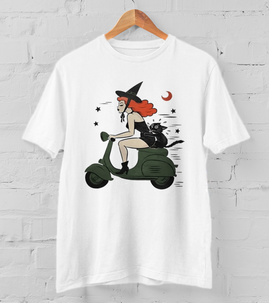 Witch Riding A Scooter With A Cat T-Shirt