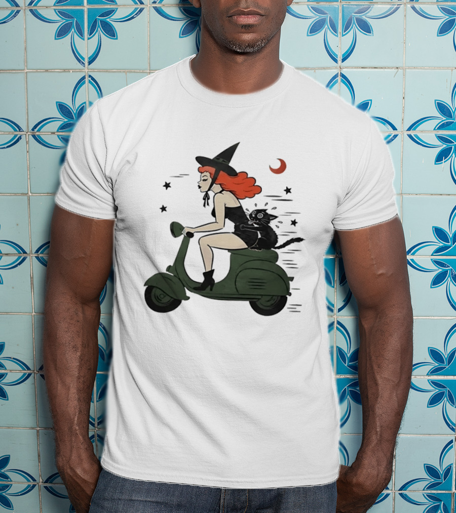 Witch Riding A Scooter With A Cat T-Shirt