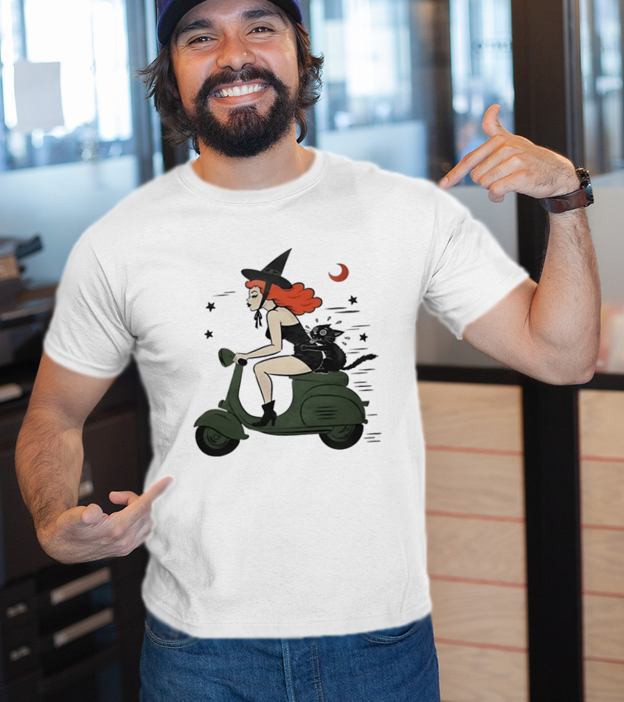 Witch Riding A Scooter With A Cat T-Shirt