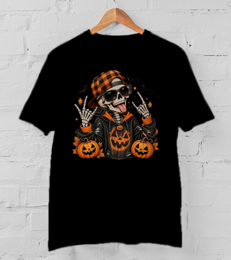 Skeleton Halloween Rocker With Plaid Hat And Pumpkins T-Shirt