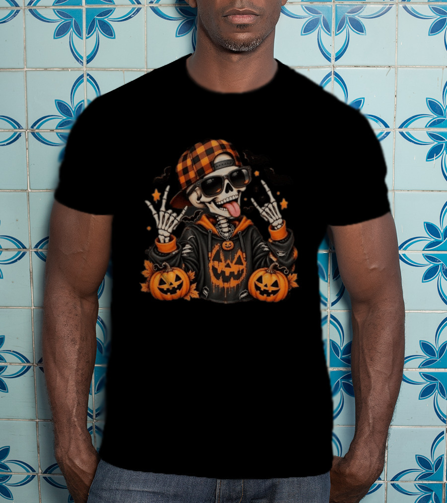 Skeleton Halloween Rocker With Plaid Hat And Pumpkins T-Shirt