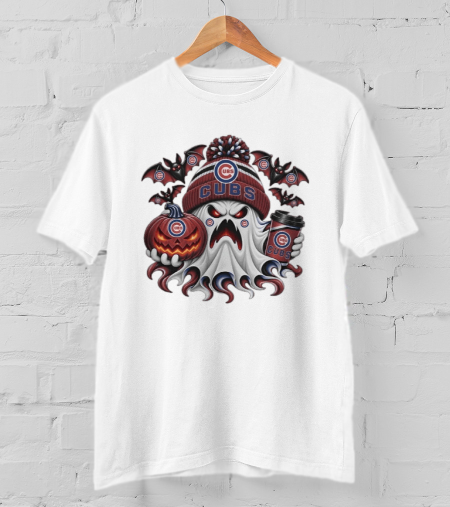 Chicago Cubs Halloween Ghost With Coffee And Pumpkin Bats T-Shirt