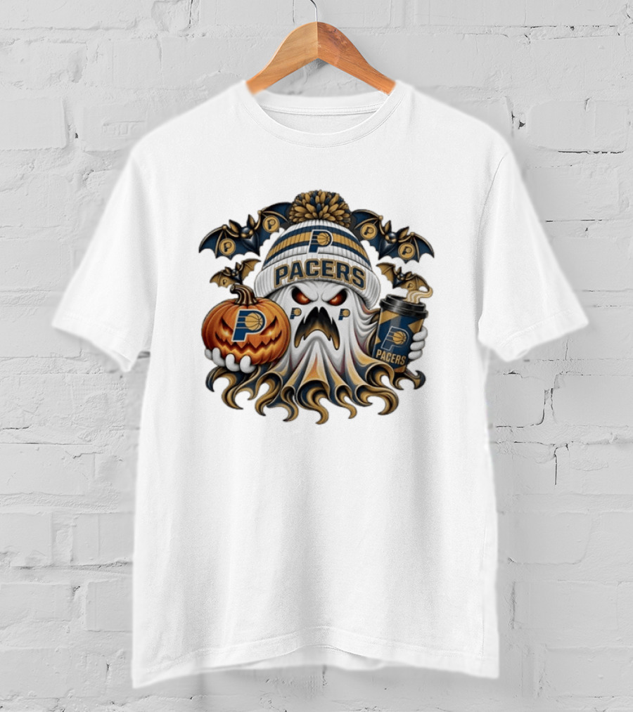 Indiana Pacers Ghost Pumpkin Coffee Halloween Bats T-Shirt