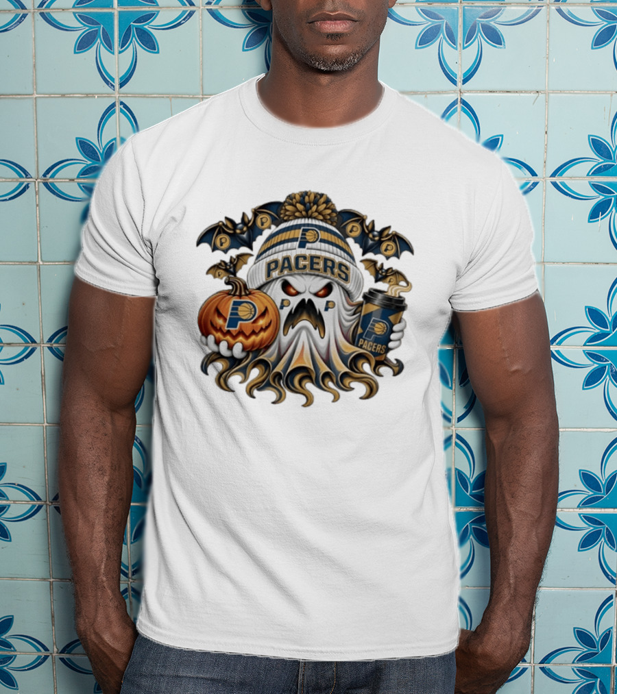 Indiana Pacers Ghost Pumpkin Coffee Halloween Bats T-Shirt