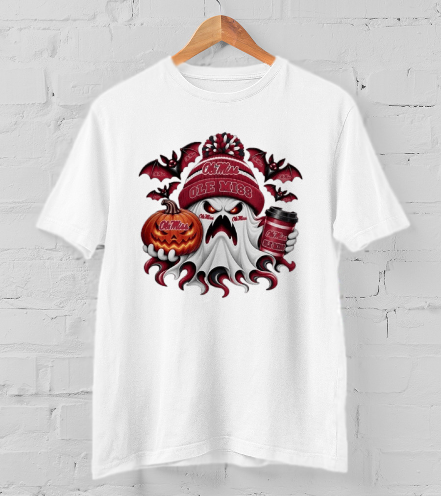 Ole Miss Rebels Halloween Ghost Pumpkin Coffee Spooky Bats T-Shirt