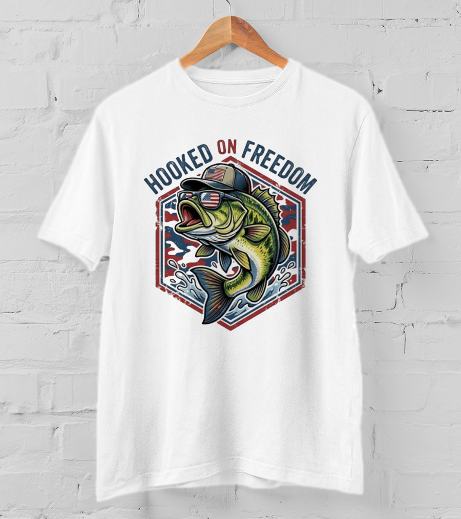 Hooked On Freedom Patriotic Bass Fishing T-Shirt