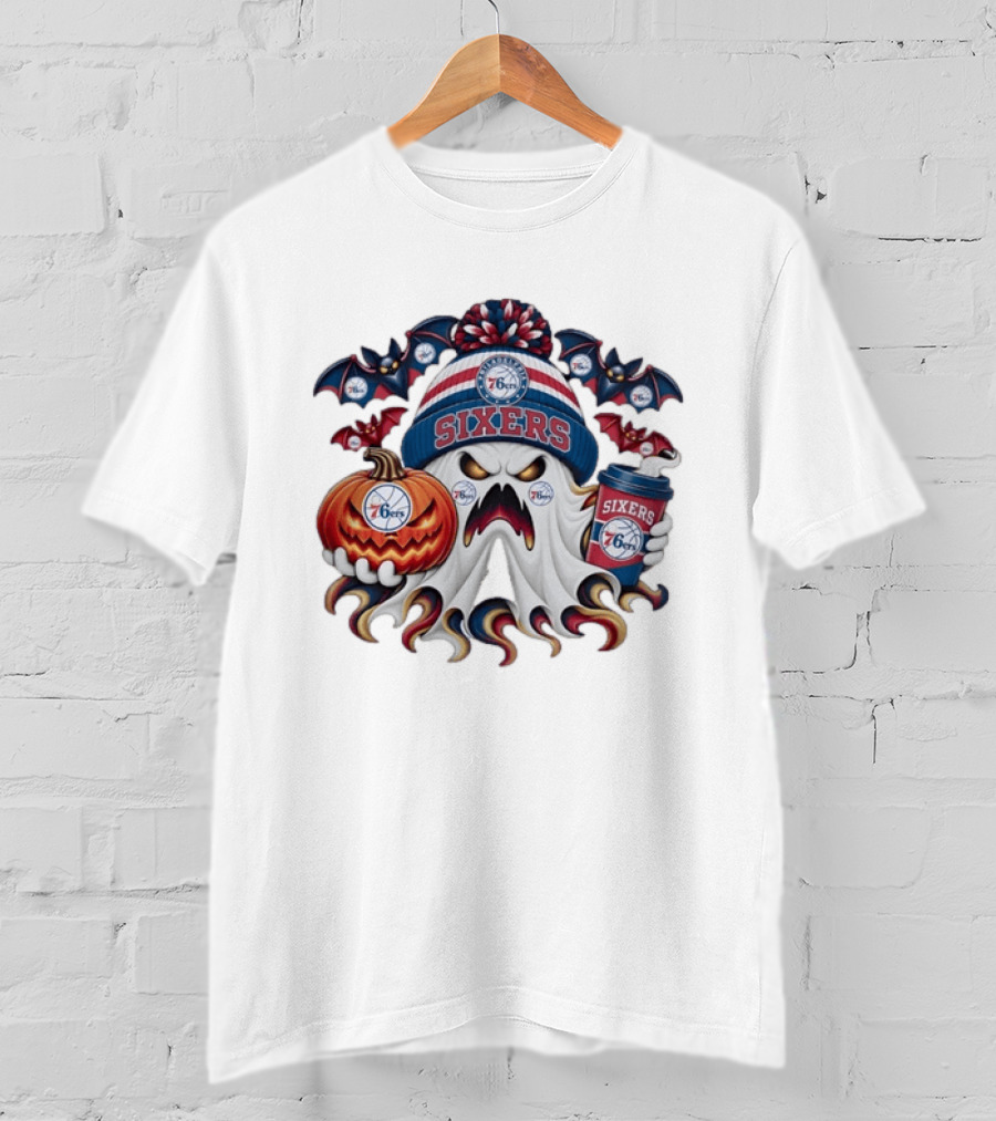 Philadelphia 76ers Spooky Ghost Halloween Coffee Pumpkin Bats T-Shirt