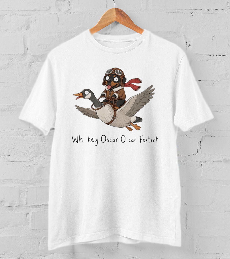 Rottweiler Pilot Riding A Goose Whiskey Oscar Oscar Foxtrot Aviation Adventure T-Shirt