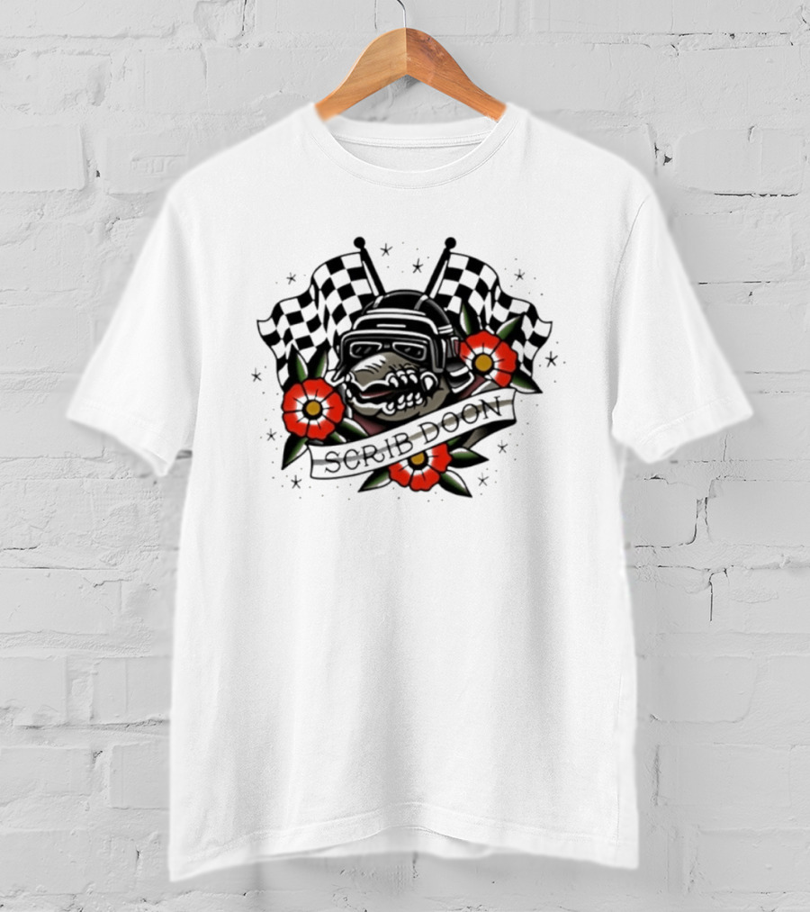 Scrib Doon Traditional Tattoo Racing Checkered Flags And Flowers T-Shirt