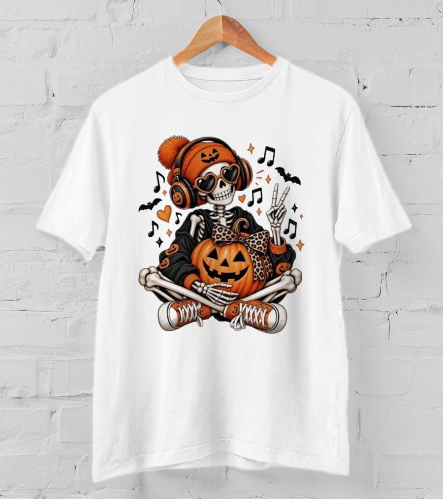 Skeleton In Pumpkin Beanie With Headphones Heart Sunglasses And Peace Sign T-Shirt