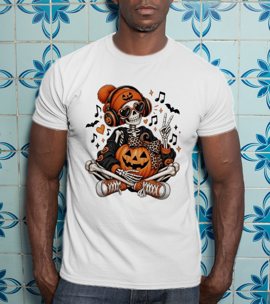 Skeleton In Pumpkin Beanie With Headphones Heart Sunglasses And Peace Sign T-Shirt