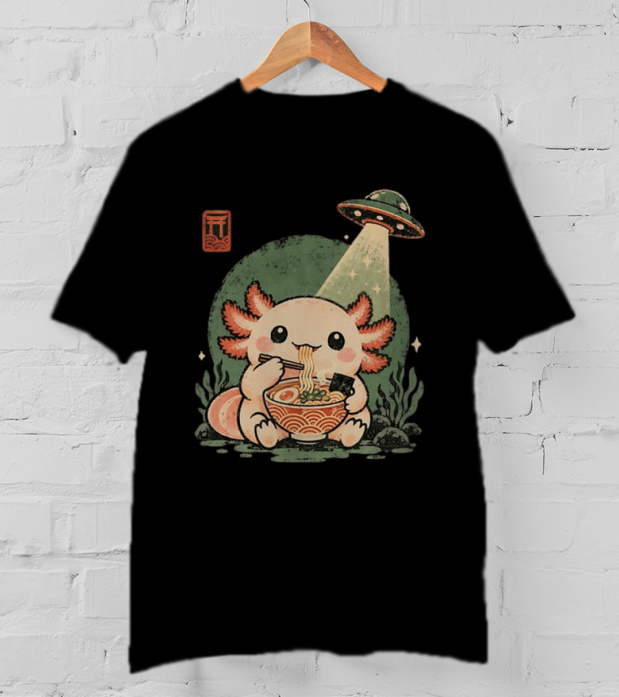 Axolotl Enjoying Ramen Under UFO Light With Japanese Distressed T-Shirt