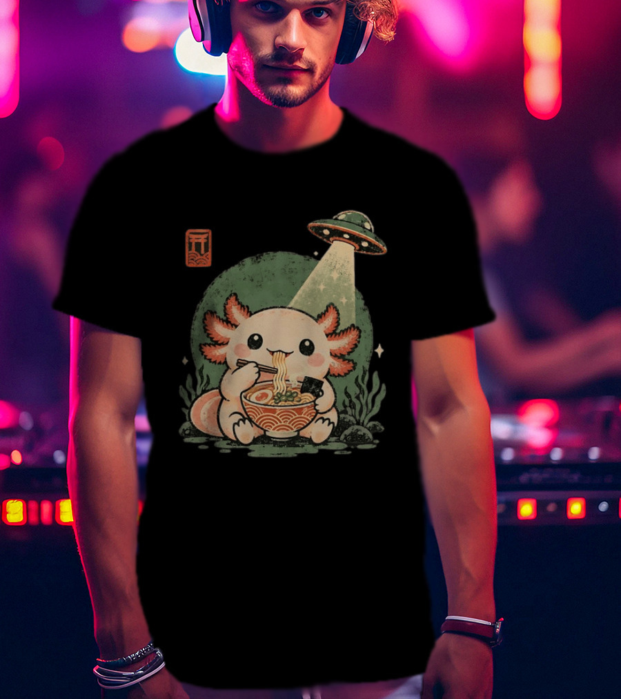 Axolotl Enjoying Ramen Under UFO Light With Japanese Distressed T-Shirt