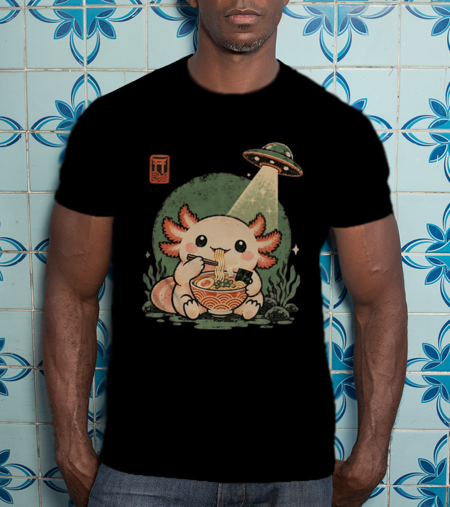 Axolotl Enjoying Ramen Under UFO Light With Japanese Distressed T-Shirt